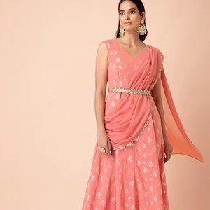 Indian Wedding Guest Dress Pink Foil Print Kurta With Attached Dupatta